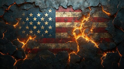 American flag burning through cracked ground.