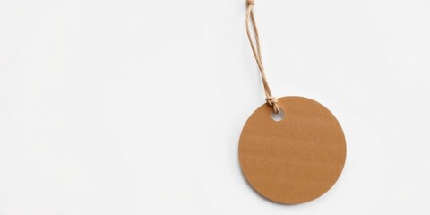 Brown paper tag with hole tied to string on white background, copy space, rope