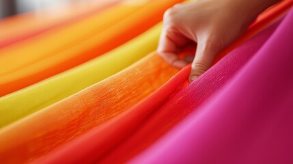 Quality Control in American Textile Manufacturing - Close-up of Worker Inspecting Vibrant Fabric with Ultra-Detailed Textures
