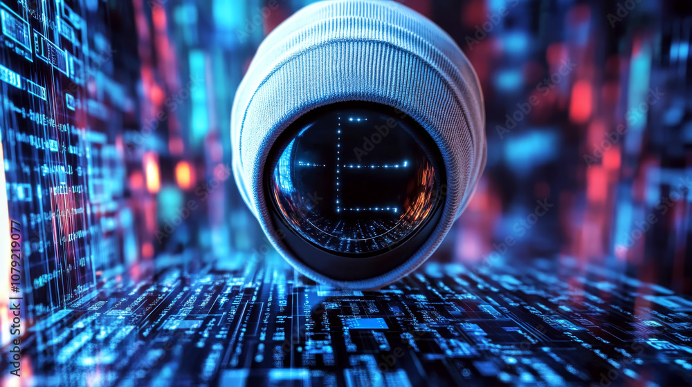 Poster a large camera lens positioned on a digital circuit board with colorful lights. concept of technolog