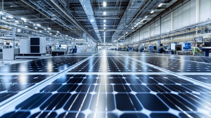 Sustainability in American Manufacturing: Modern Factory with Solar Panels and Collaborating Workers, Ultra-Detailed Panoramic View