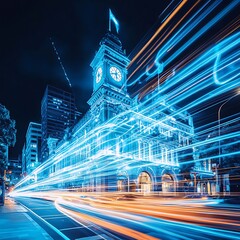 A vibrant, long-exposure photograph of a city building at night, with trails of blue and white light from moving vehicles swirling around it, showcasing the structure's intricate architecture 