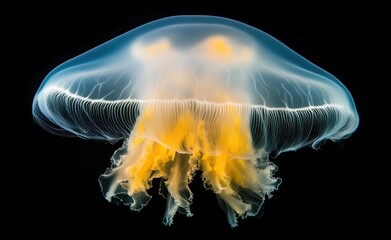 Fototapeta premium 海の中を漂う美しいクラゲの生態と特徴を詳細に示した画像、神秘的な姿が際立つ瞬間を捉えています。