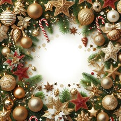 Christmas seamless decoration isolated on white background. Christmas tree border, frame. Gold and red glitter ornaments, stars. For holiday headers, banners, party posters

