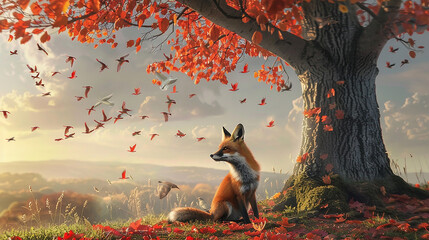 fox sits beneath a large tree