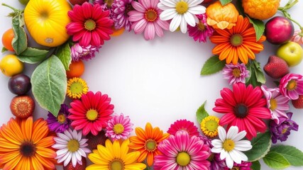 Fototapeta premium Circle composition of colorful flowers and fresh fruits arranged in a ring shape with a blank space in the center on a vibrant background, copy space, copy space, center
