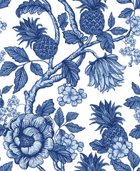 Seamless Asian-inspired pattern. Pineapples and tropical flowers. Graphic pattern.
