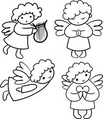 Cute doodle angel, set of vector hand-drawn angel