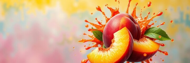 Close-up of vibrant peach slices and splashes on a white background with copy space, vivid, fresh