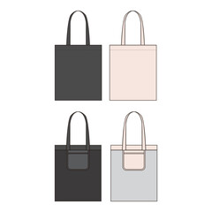 Set of four tote bags with color variations in black, peach, white, and gray, shown front and back.

