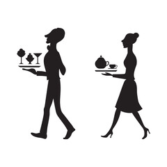 Waiters carry trays with desserts and tea. Vector black silhouette image.