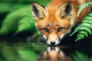 A fox cub drinks from a forest brook surrounded by lush greenery in soft summer light