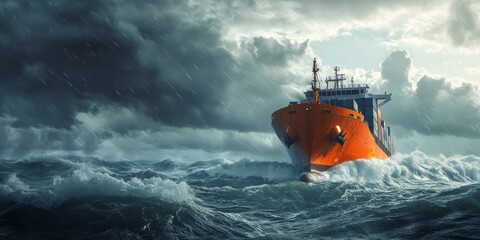 A large cargo ship bravely battles the stormy waters beneath ominous dark clouds, while a vibrant sunset beautifully highlights the various challenges faced in the world of maritime shipping