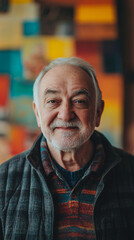 Obraz premium Close-up portrait of a smiling senior man with a colorful background, capturing his happiness, wisdom, and the vibrant spirit of life