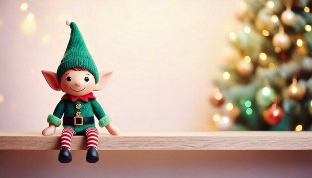 A cute elf toy sitting on a shelf, with a softly blurred Christmas tree in the background, creating a warm and festive atmosphere perfect for the holiday season