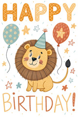 Fototapeta premium Happy birthday card design with cute child's drawing of a lion and balloons