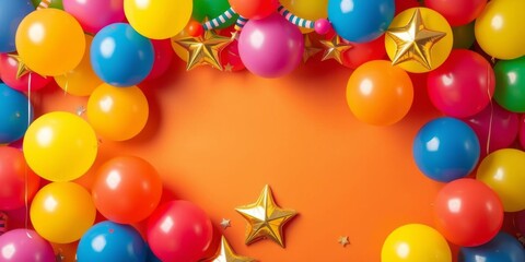 Obraz premium Colorful balloons at top and bottom, gold star in the middle of a blank banner on light background, decoration, background