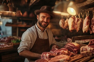 Butcher preparing cuts of meat in a rustic shop. Various meats displayed around, warm lighting.