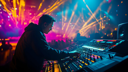 A sound engineer adjusts an audio mixing console at a vibrant live concert, surrounded by dynamic lighting. 4k image