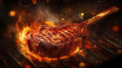 Sizzling tomahawk steak on rustic grill flames licking the edges aromatic smoke swirling dramatic chiaroscuro lighting mouthwatering closeup. Chiaroscuro. Illustration
