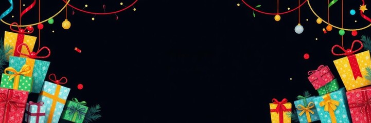 Colorful glittering cute gift frames in various shapes and sizes displayed on a dark background with a large empty space in the middle, gift frames, festive