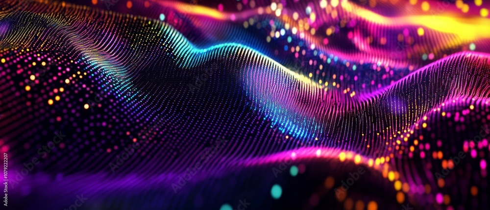 Poster this artwork features a vibrant digital wave with neon effects and intricate patterns, ideal for tec