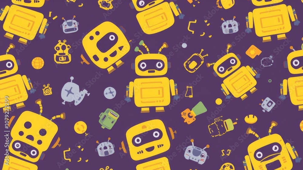 Poster colorful robot pattern featuring a central yellow robot surrounded by various colorful robots, playf