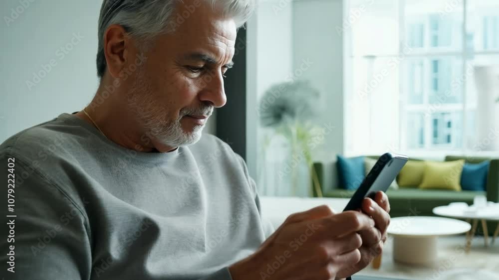 Poster grey-haired man texting in modern apartment generative ai