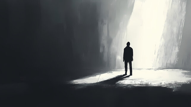 Solitary figure in minimalist space with dramatic shadows and stark light-dark contrast. Chiaroscuro. Illustration