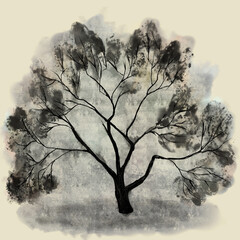 An old lonely sprawling apple tree with many branches without leaves. Monochrome illustration in retro style. Beige background