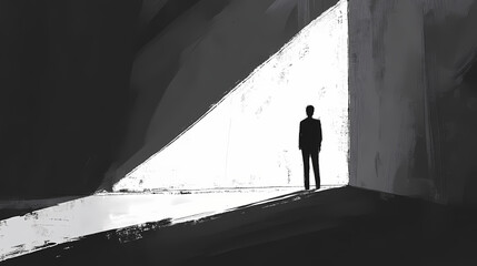 Solitary figure in minimalist space with dramatic shadows and stark light-dark contrast. Chiaroscuro. Illustration