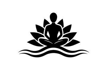 black vector yoga logo with lotus flower and meditating person silhouette