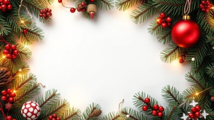 Decorated fir tree and envelope on Christmas background top view copy space, greeting card, jolly