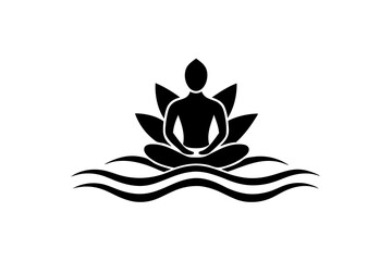 black vector yoga logo with lotus flower and meditating person silhouette