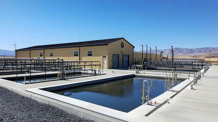 Obraz premium An industrial water treatment plant under clear blue skies, highlighting clean water infrastructure. 4k image