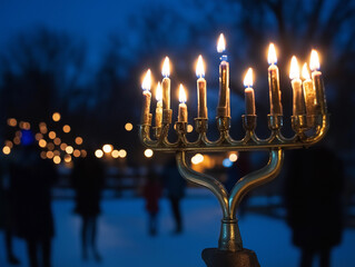 Family Gathering Around Lit Hanukkah Menorah at Night