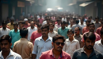 Obraz premium A crowded Indian city street with a large group of Indian people, walking in different directions.