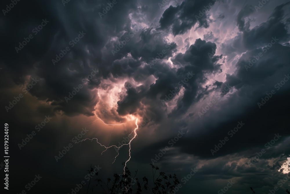 Poster stormy weather with lightning and dark clouds.