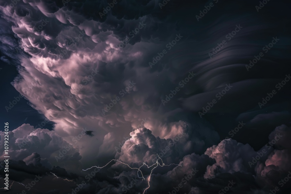 Poster stormy weather with lightning and dark clouds.
