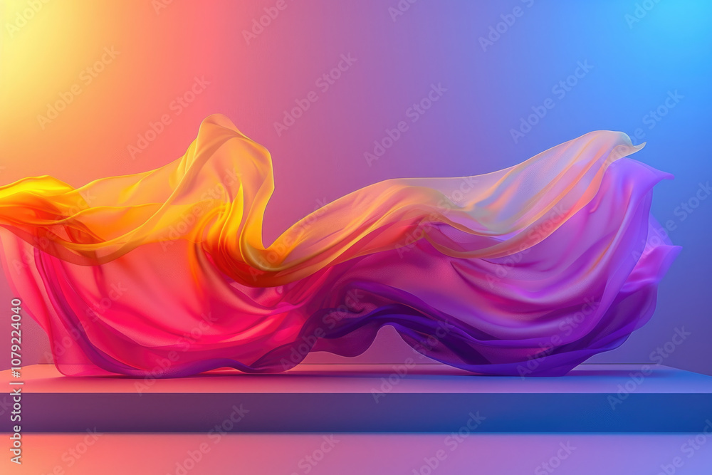 Poster a colorful fabric flows and twists in a studio setting, bathed in warm and cool light