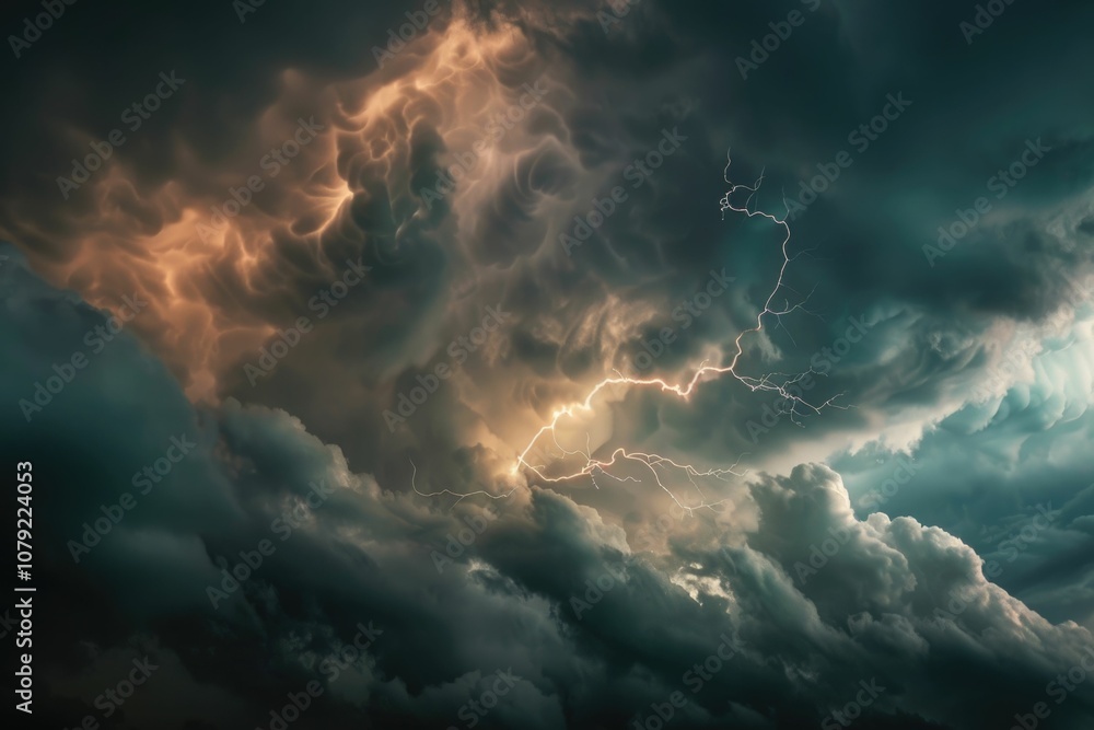 Poster stormy weather with lightning and dark clouds.