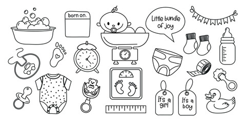 Set baby metric doodles. Vector collection newborn hand drawn elements on white background. Gender party outline icons. Metric, toys, feeding, care and  baby accessories.
