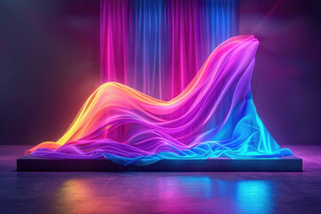 A wave of iridescent fabric drapes dramatically across a stage, illuminated by vibrant neon lights. The sheer fabric catches the light, creating a mesmerizing display of color and texture