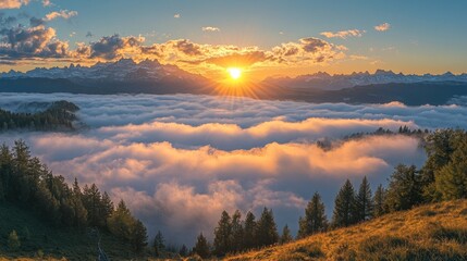 Fototapeta premium Sunrise over a sea of clouds in the mountains, with golden light illuminating the peaks.