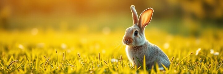 Fototapeta premium Easter bunny running through lush green meadow with warm sunlight, cute rabbit in grass field, bunny, animal