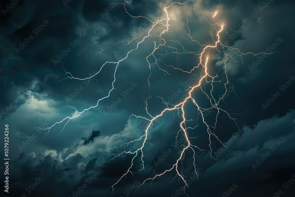 Poster lightning lightning thunderstorm flash over the sky.