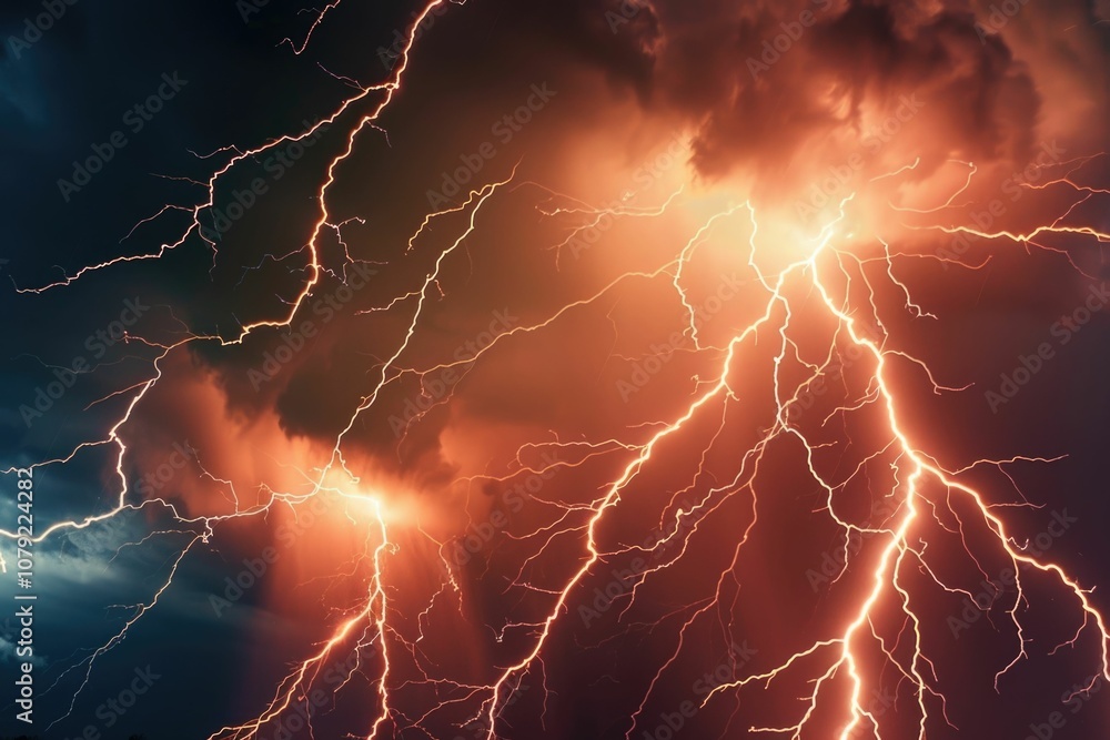 Poster lightning lightning thunderstorm flash over the sky.