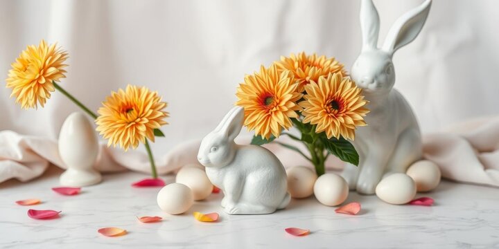 Easter-themed decor with chrysanthemum bouquet, bunny statuette, eggs on white marble background, eggs, flowers