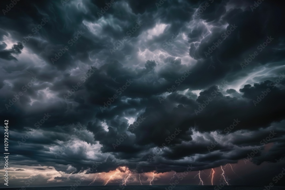Poster violent storm with lightning and dark clouds in panoramic view.