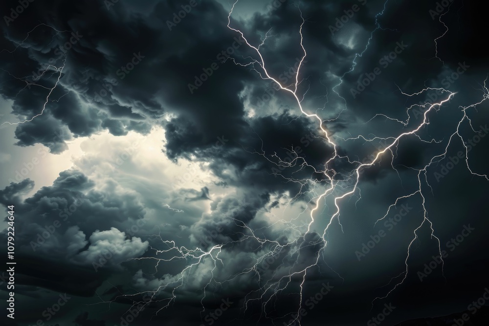 Poster violent storm with lightning and dark clouds in panoramic view.